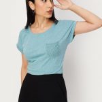 Women Solid T-shirt with Crochet Pocket