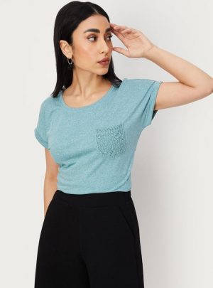 Women Solid T-shirt with Crochet Pocket