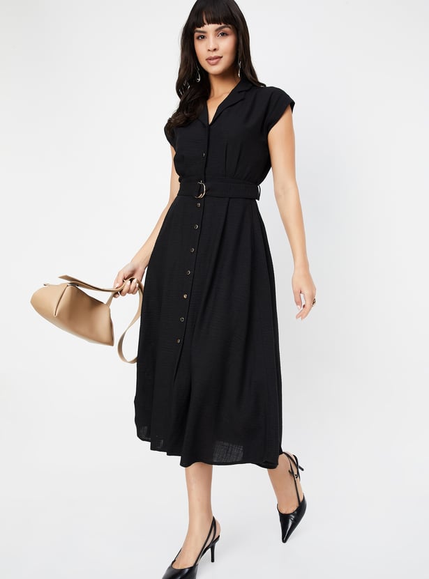 Women Solid A-line Belted Dress