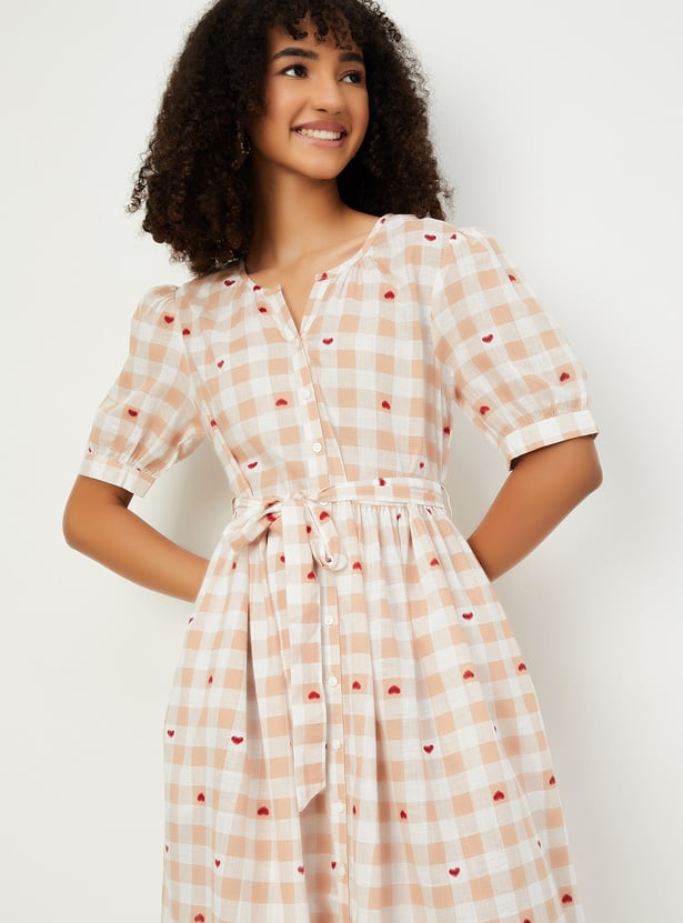 Women Checked A-line Belted Dress