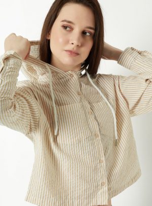 Women Striped Crop Shirt with Hood